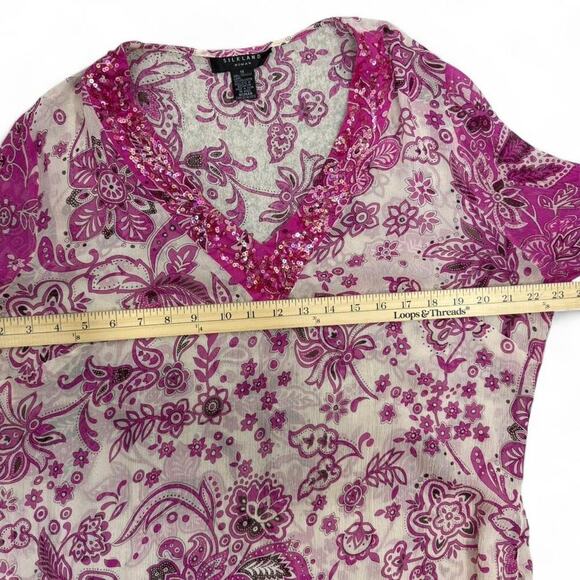 Vintage Silkland Tunic Top 1X 100% Silk Y2K Beaded Boho Tunic Pink Floral Sheer - Picture 7 of 8